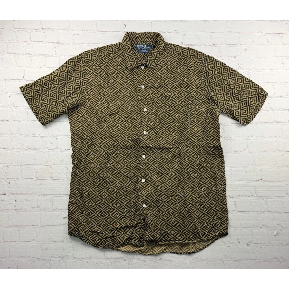 Polo Ralph Lauren Bonnard Shirt Mens MED Gold Silk Linen Geometric Camp Collar